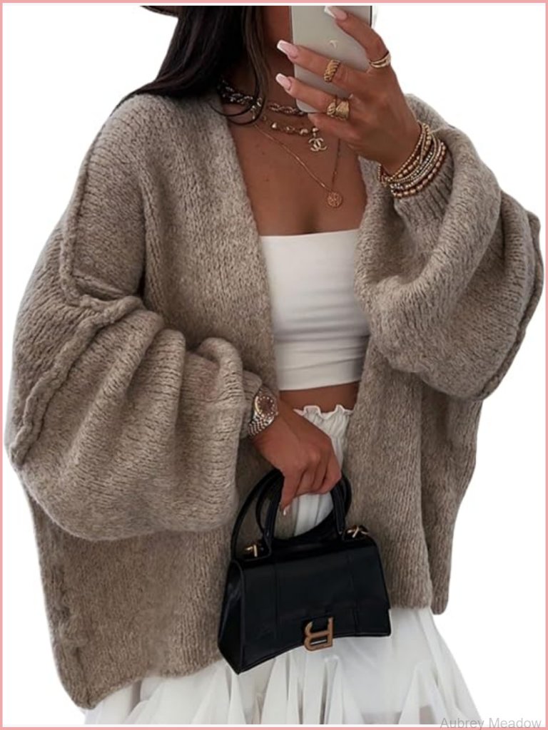 Oversized Chunky Cardigan Sweater Batwing Lantern Long Sleeve Open Front Knit